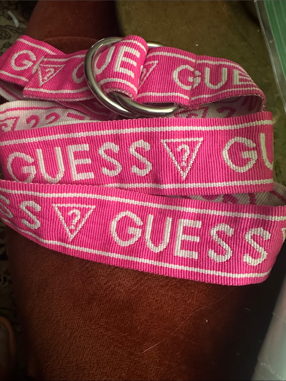 GUESS Hot Pink Logo Webbing Belt with Silver Double Rings
